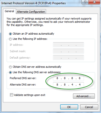 Configuration DNS publique de Google Windows 7