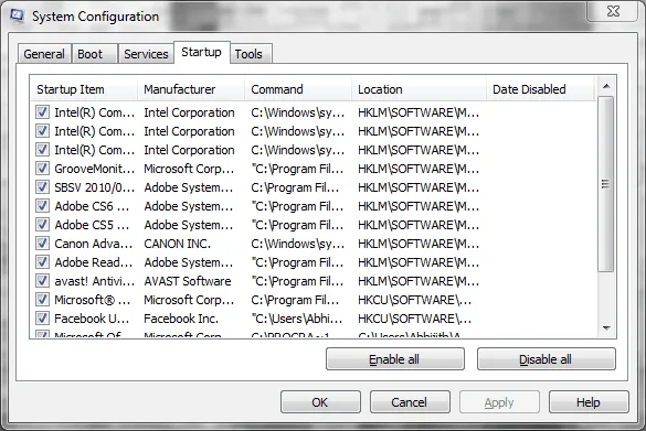 Startup Applications msconfig