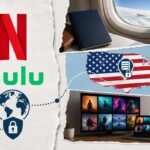 Netflix and Hulu logos with a US map, a VPN lock and an EU flag, illustrating how to watch both services outside the US