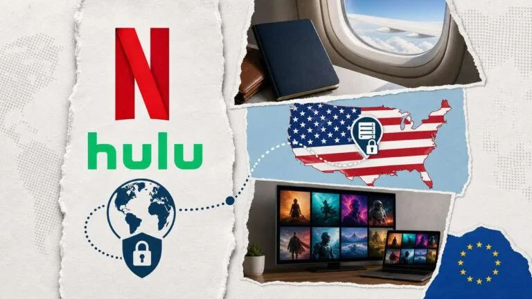 How to Watch Netflix and Hulu Outside the US in 2026 Netflix and Hulu logos with a US map, a VPN lock and an EU flag, illustrating how to watch both services outside the US