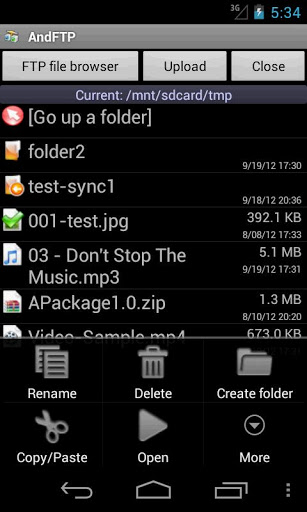 Знімок екрана програми AndFTP для Android