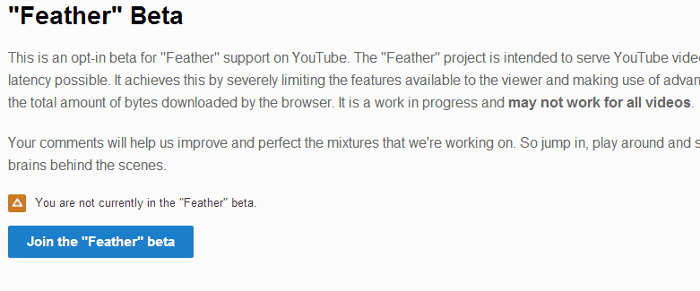 YouTube Feather Enable для более быстрого воспроизведения видео