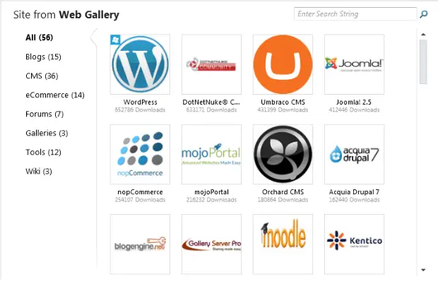 Galeria de aplicativos de código aberto WebMatrix