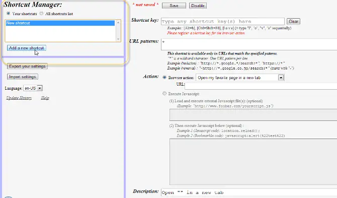 Extensión de Shortcut Manager instalada Agregar nuevo acceso directo