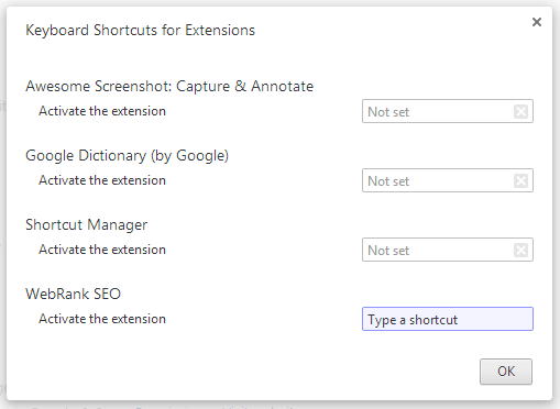 Eingabe von Shortcut Extension Manager