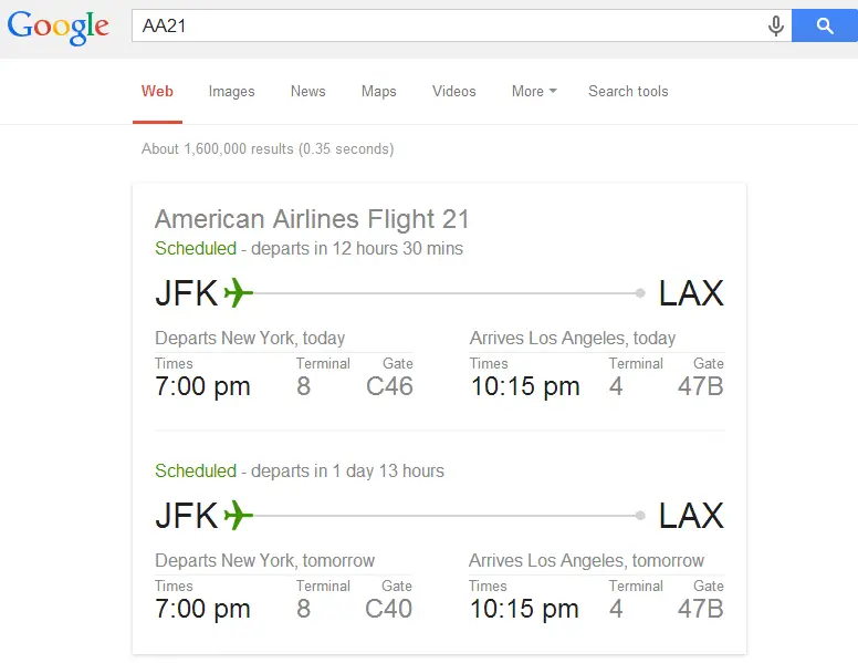 Google Search - Flight Times