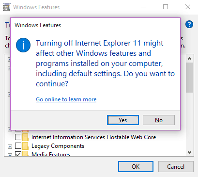 Изключете Internet Explorer 11