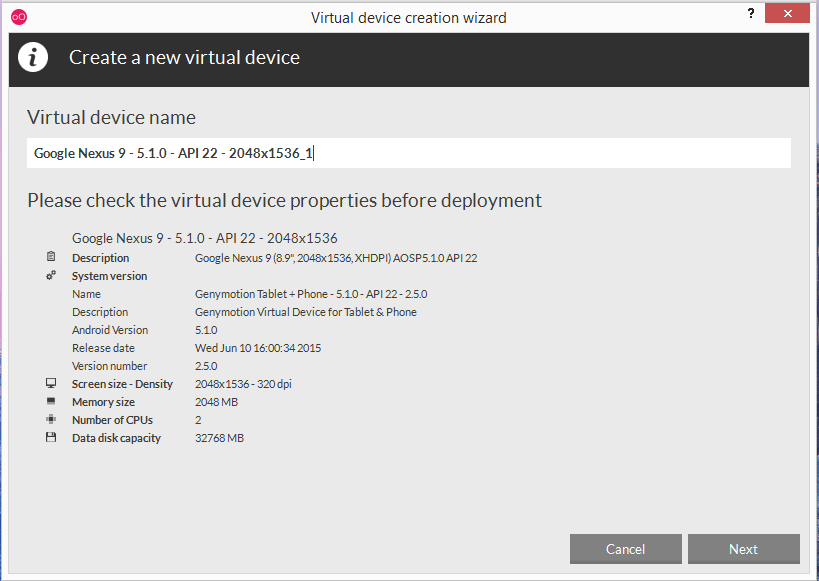 Device properties. Device name. API 22 Android Size Screen. Get_Virtual_device_data.