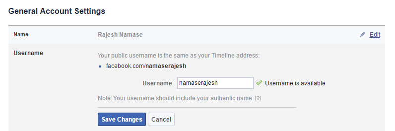 Изменить имя пользователя Facebook