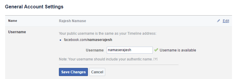 Alterar nome de usuário do Facebook