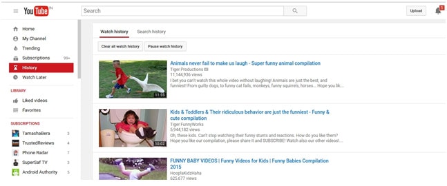 История на търсенията в Youtube