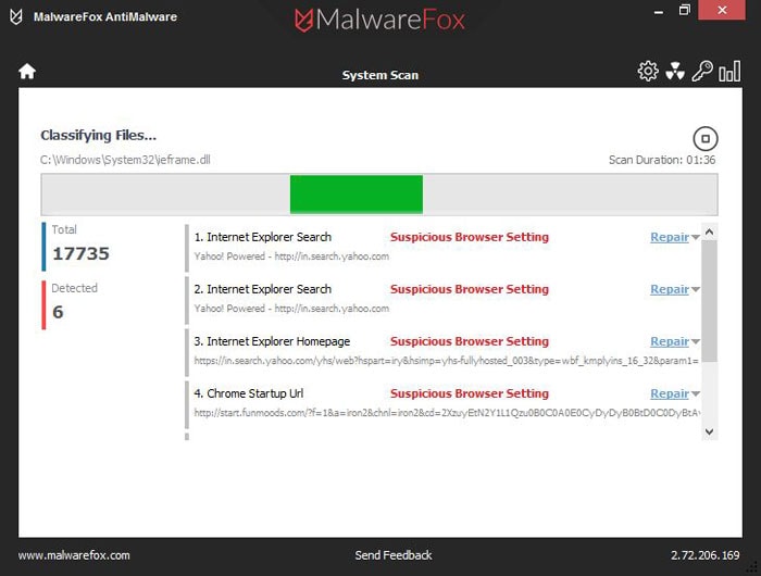 Skanning av MalwareFox