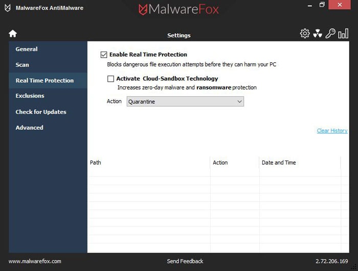 Impostazioni e opzioni di MalwareFox