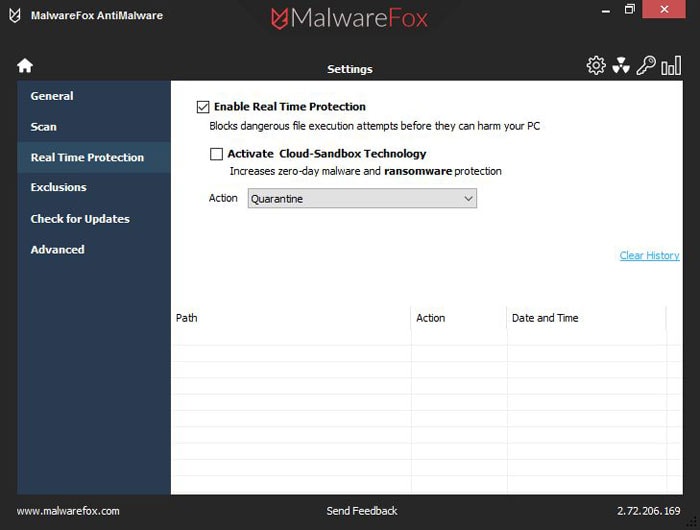 Настройки и параметры MalwareFox