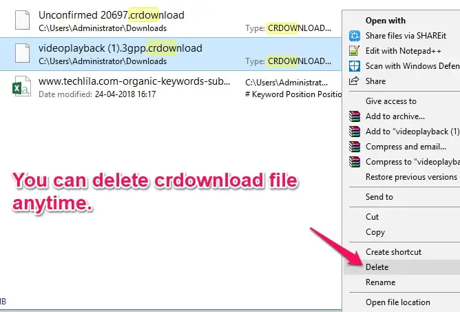 CRDOWNLOADファイルの削除
