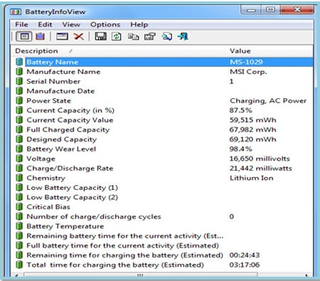 Affichage des informations sur la batterie