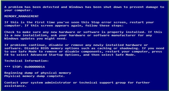 Gestión de la memoria BSOD de la pantalla azul de la muerte