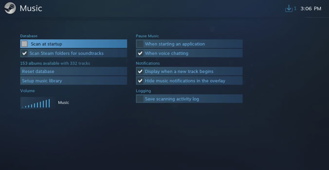 Impostazioni musicali in modalità Big Picture di Steam