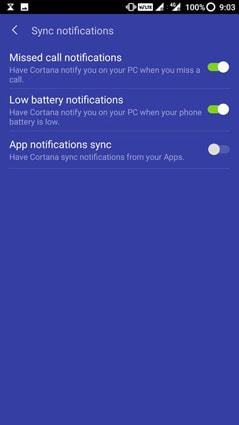 Menu đồng bộ hóa ứng dụng Cortana