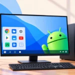 Desktop PC monitor running an Android desktop with an app launcher and the Android robot