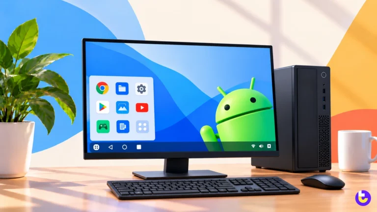 Best Android OS for PC in 2026: 10 Options Ranked Desktop PC monitor running an Android desktop with an app launcher and the Android robot