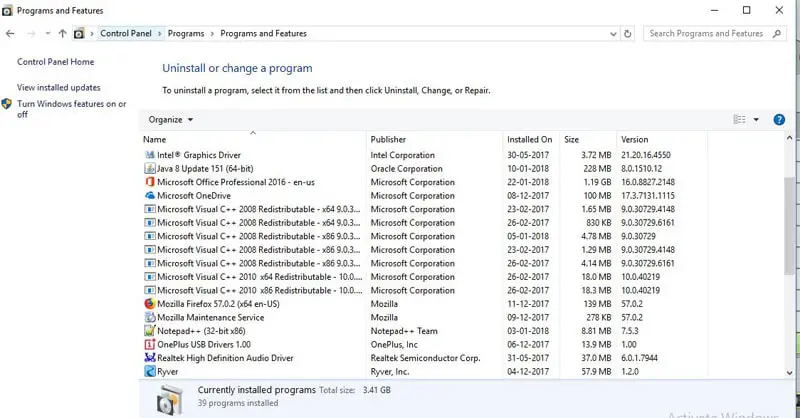 Zainstalowane programy w systemie Windows
