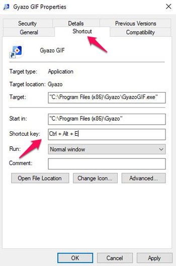 Atalho do Gyazo GIF para Windows