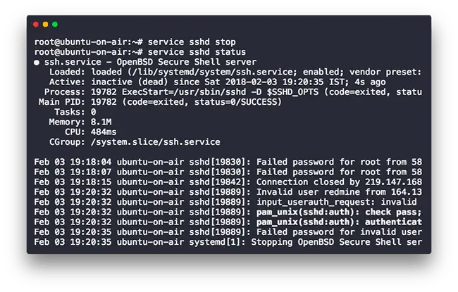 servicestatus inactief Linux Commando