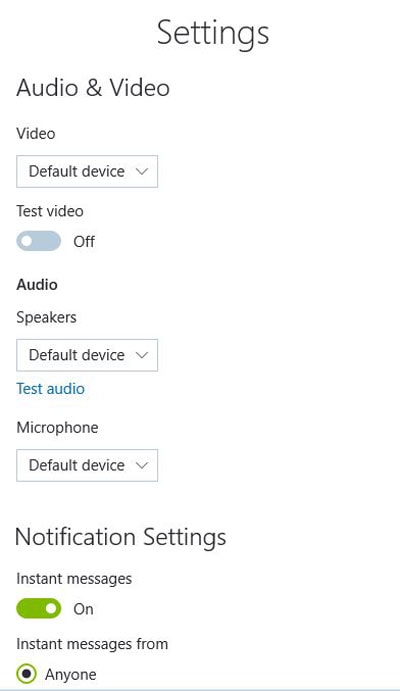 Configurações de áudio do Skype