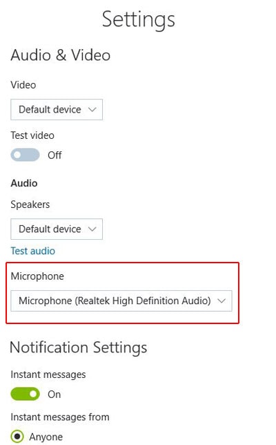 Paramètres du microphone Skype