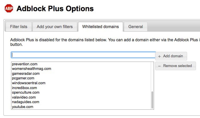 Configurações de Adblock