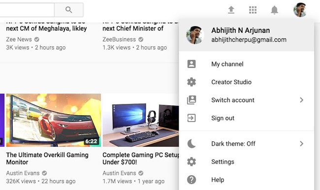 Выйти из YouTube