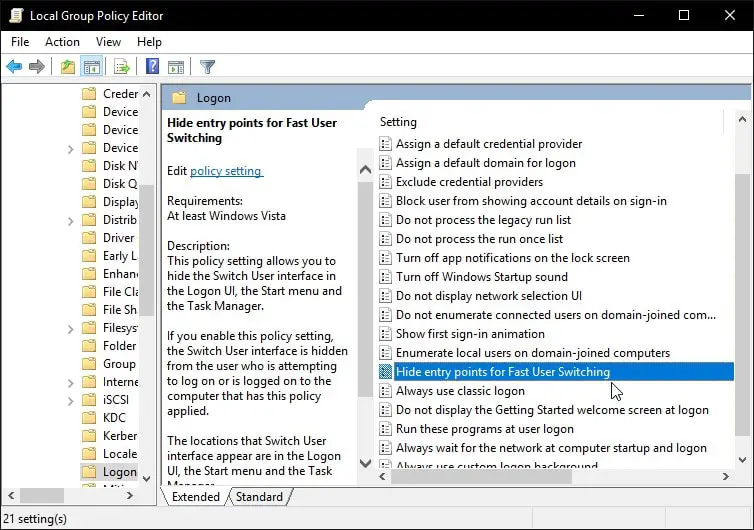 Hide Entry Point Windows 10 Fast User Switching