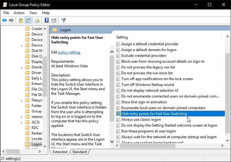 Sembunyikan Titik Masuk Windows 10 Pergantian Pengguna Cepat