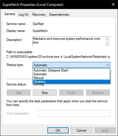 Désactiver l'utilisation du disque Superfetch