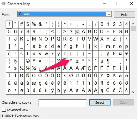 Símbolo de grado del mapa de caracteres