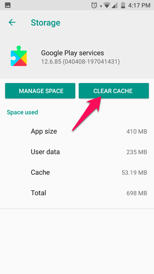 Limpar cache do Google Play Services