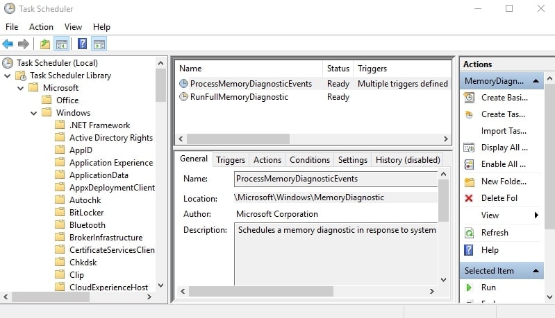 Diagnóstico de memoria del programador de tareas