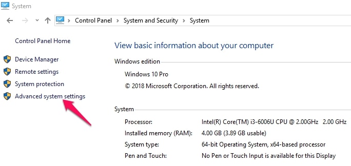 Haga clic en Configuración avanzada del sistema