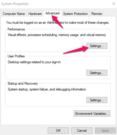 Configurações de desempenho do sistema