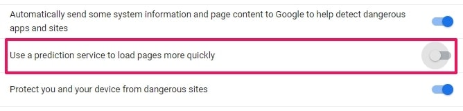 Turn Off Use a Prediction Service to Load Pages More Quickly