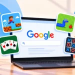 Laptop showing Google search surrounded by tiles for simple browser games
