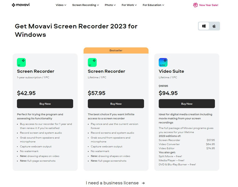 Pricing of Movavi Screen Recorder