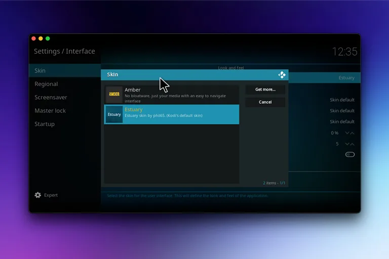 Kodi skin settings with Get more