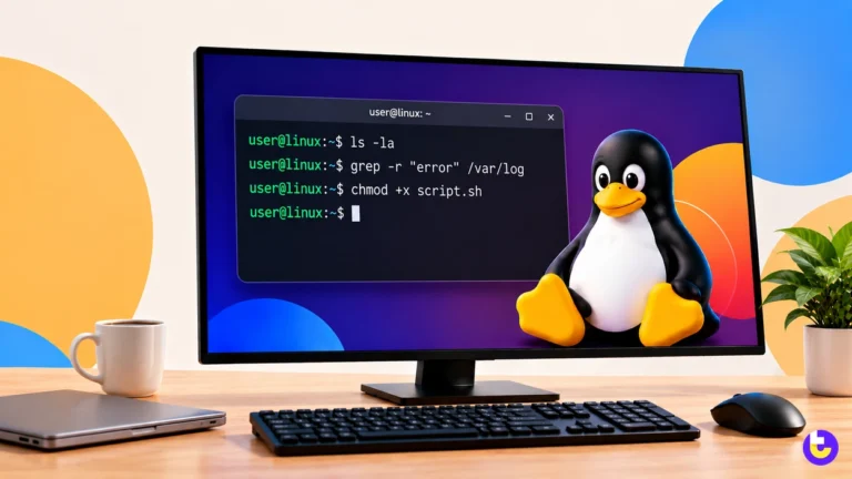 Linux Commands Cheat Sheet: Essential Commands Grouped by Task Linux terminal showing ls, grep and chmod commands next to Tux the Linux penguin