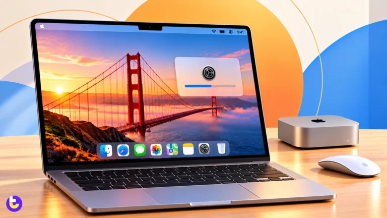 macOS 27 Golden Gate: Features, Compatible Macs and How to Upgrade MacBook showing the macOS 27 Golden Gate wallpaper with a software update in progress, next to a Mac mini