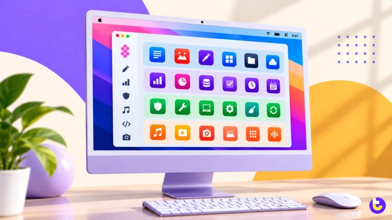 The Complete Setapp App List: All 396 Apps by Category (2026) iMac showing a Setapp app library sorted into color-coded categories