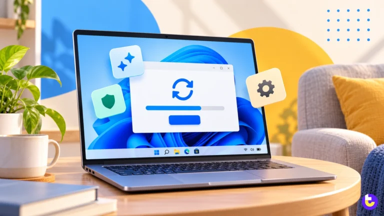 Laptop running the Windows 11 update with new feature, security and settings icons