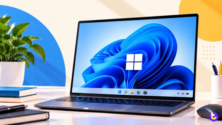 Laptop running Windows 11 with the Bloom wallpaper, the Windows logo and the centered taskbar
