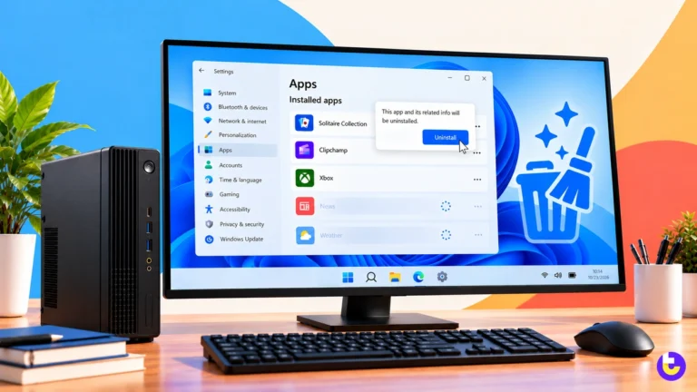 Windows 11 Debloat: What to Remove and How, Safely Windows 11 Settings app uninstalling preinstalled apps on a desktop PC, with a broom and trash bin cleanup symbol
